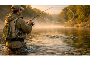 Fly fisherman casting looped line in misty river.
