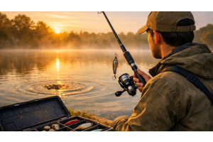 Angler fishing at sunrise with tackle box open.