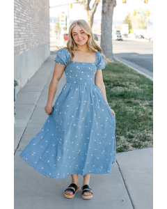 Eliza Floral Embroidery Denim Dress
