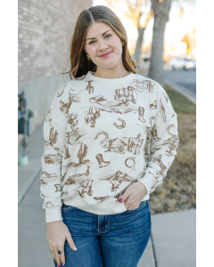 Western Print Crew Ls Top