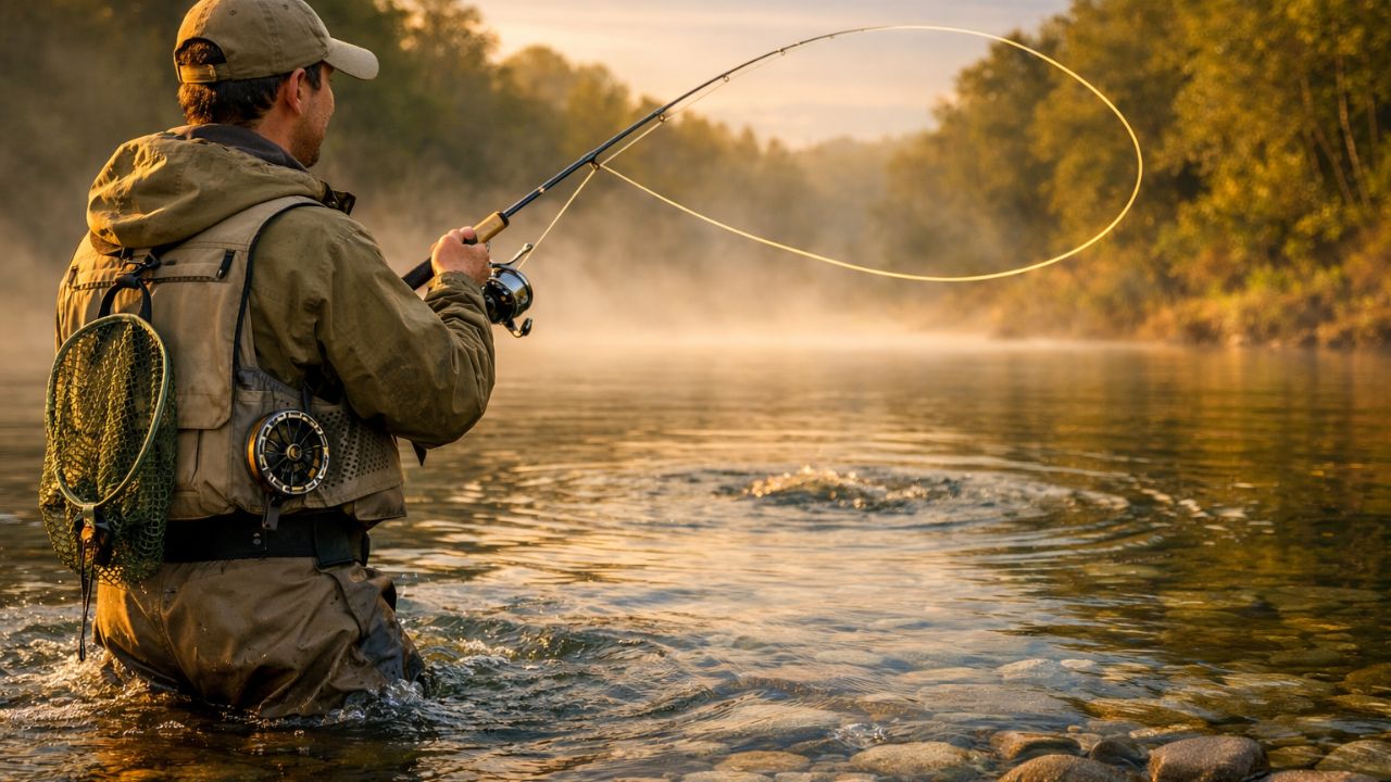 Fly fisherman casting looped line in misty river.