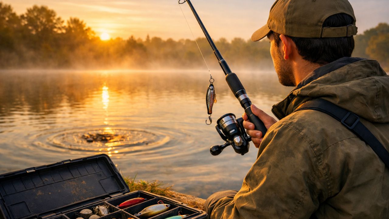 Angler fishing at sunrise with tackle box open.